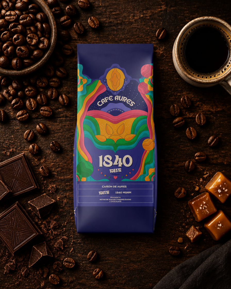 Lote 01 · Café Aures 1840 Amour con granos, taza, chocolate y caramelo