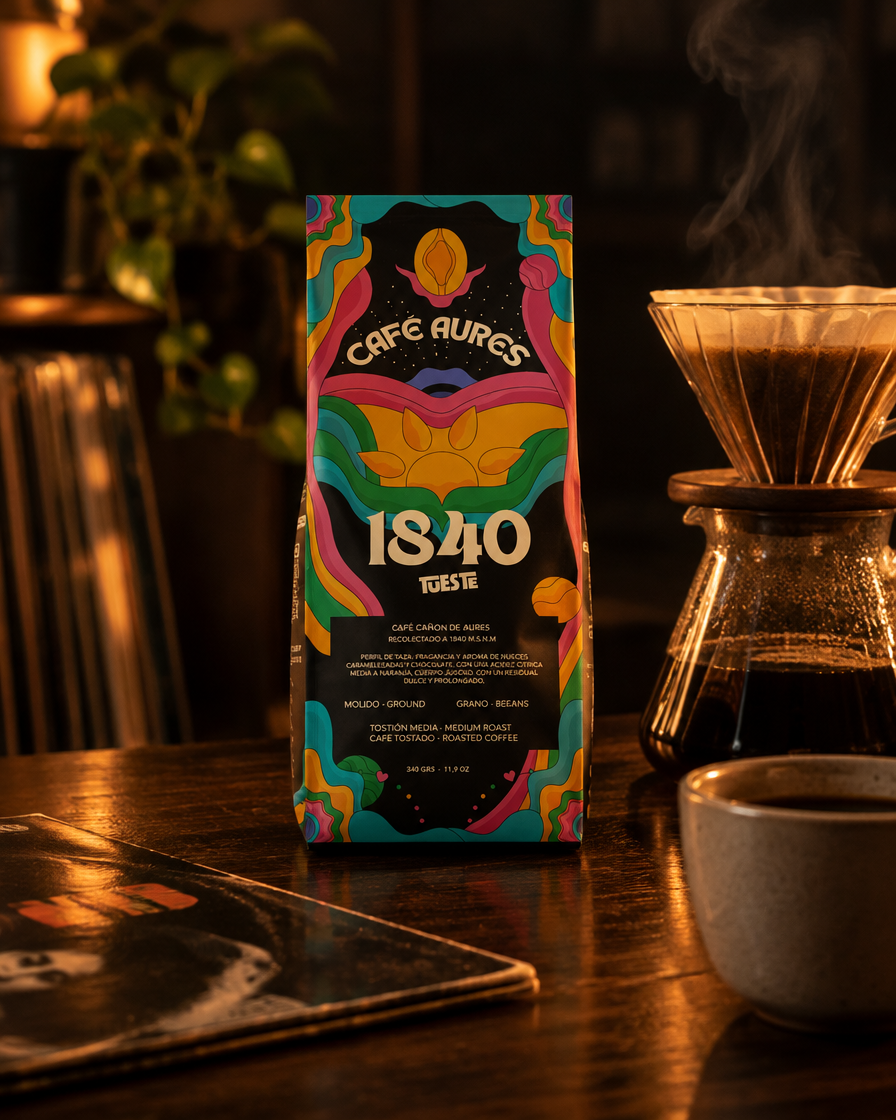 Lote 01 · Café Aures 1840 Conscious junto a un filtro de goteo y un vinilo