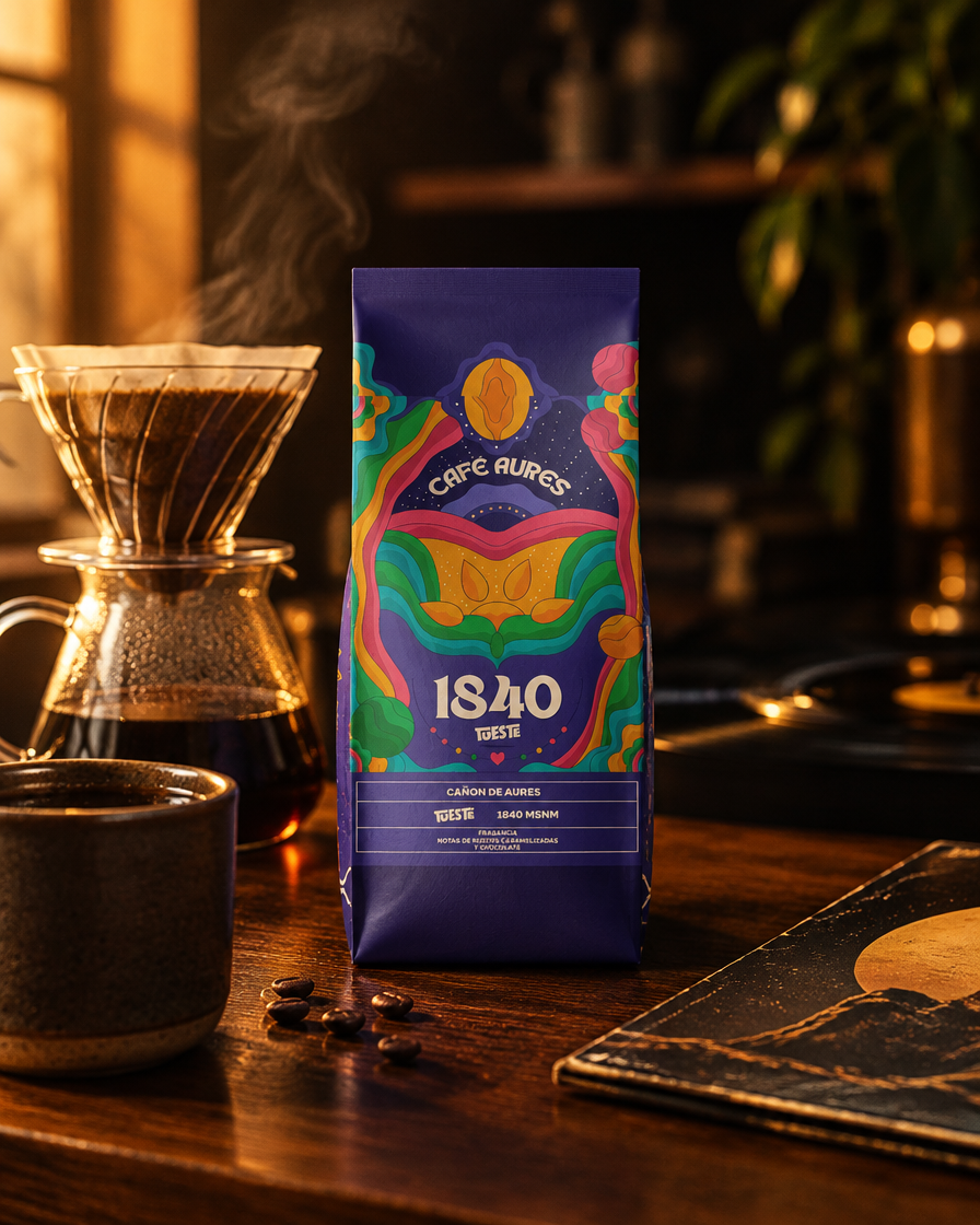 Lote 01 · Café Aures 1840 Amour junto a un filtro de goteo y un vinilo
