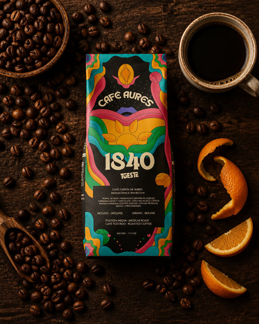 Lote 01 · Café Aures 1840 Conscious con granos, taza y naranja