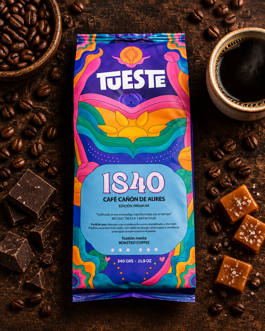 Lote 02 · Café Aures 1840 Amour con granos, taza, chocolate y caramelo