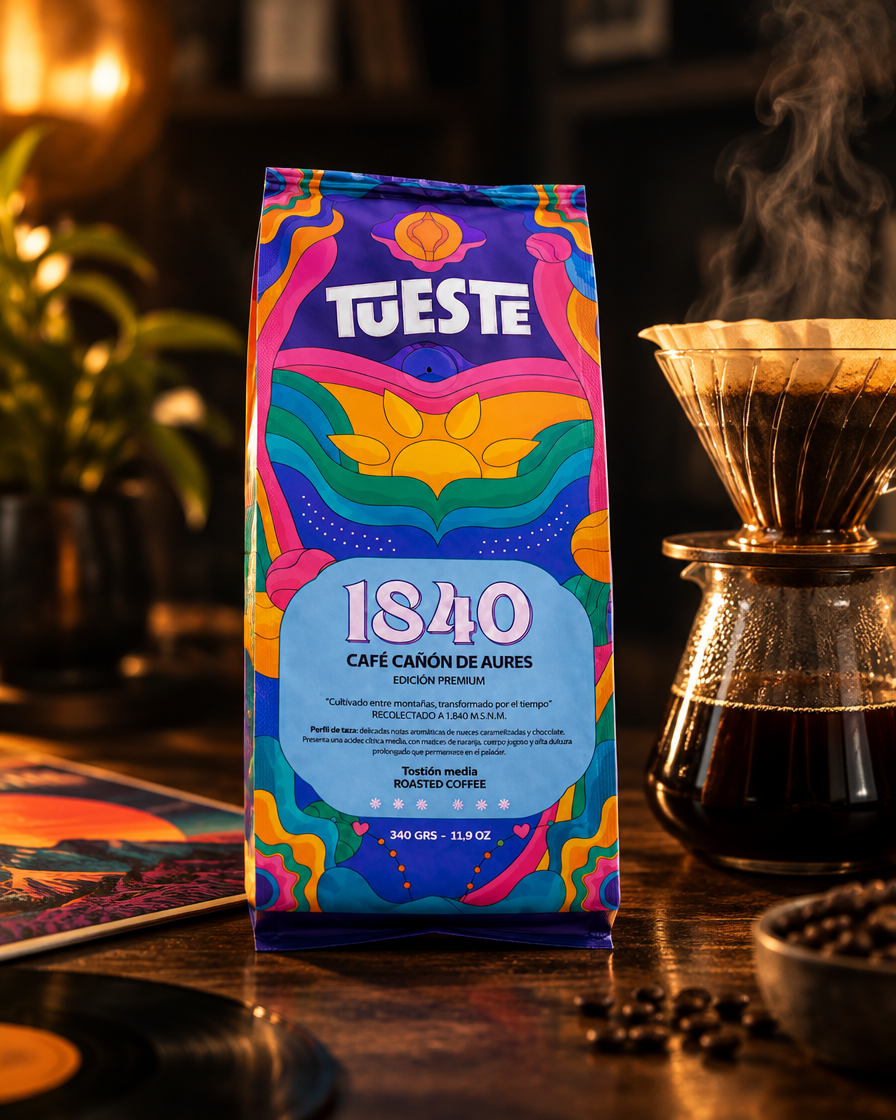 Lote 02 · Café Aures 1840 Amour junto a un filtro de goteo y un vinilo