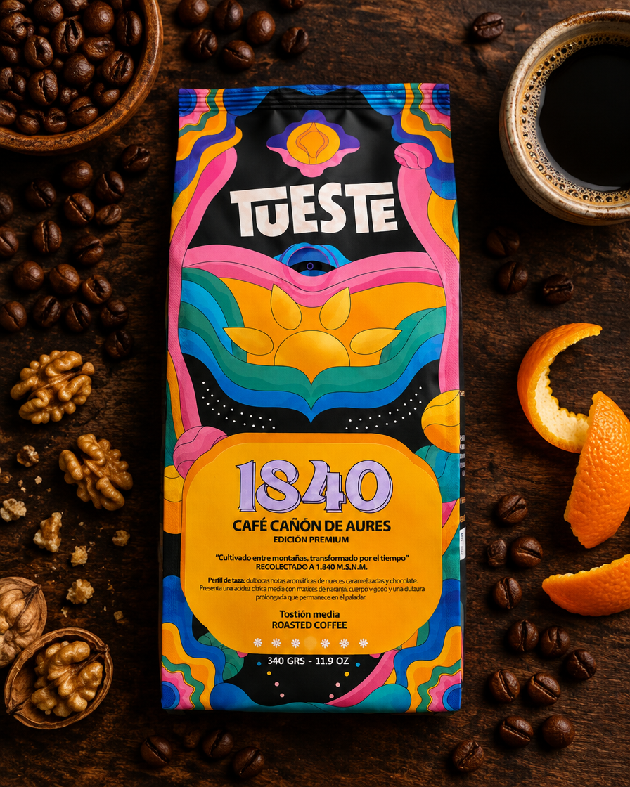 Lote 02 · Café Aures 1840 Conscious con granos, taza, nueces y naranja